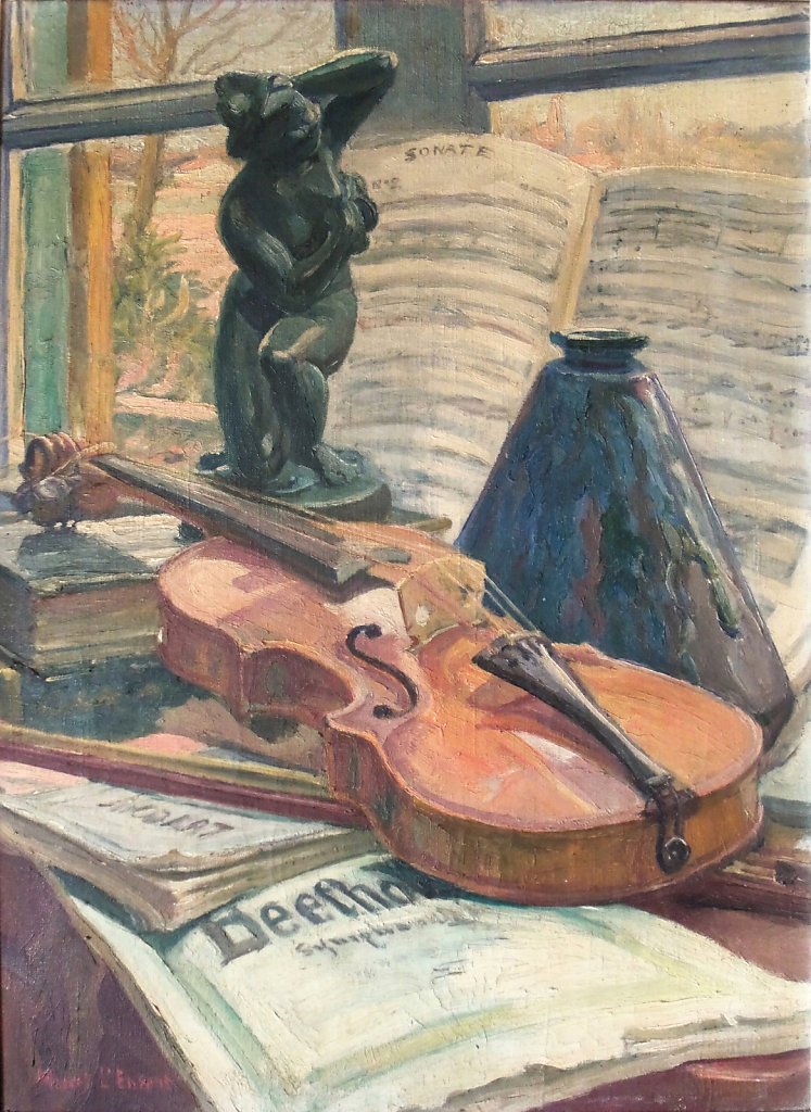 nature morte au violon et à la statue