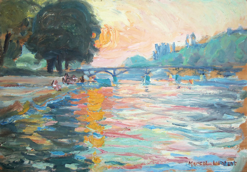 Soleil couchant sur le Pont des Saint-Pères ou la passerelle des arts devant le Louvre